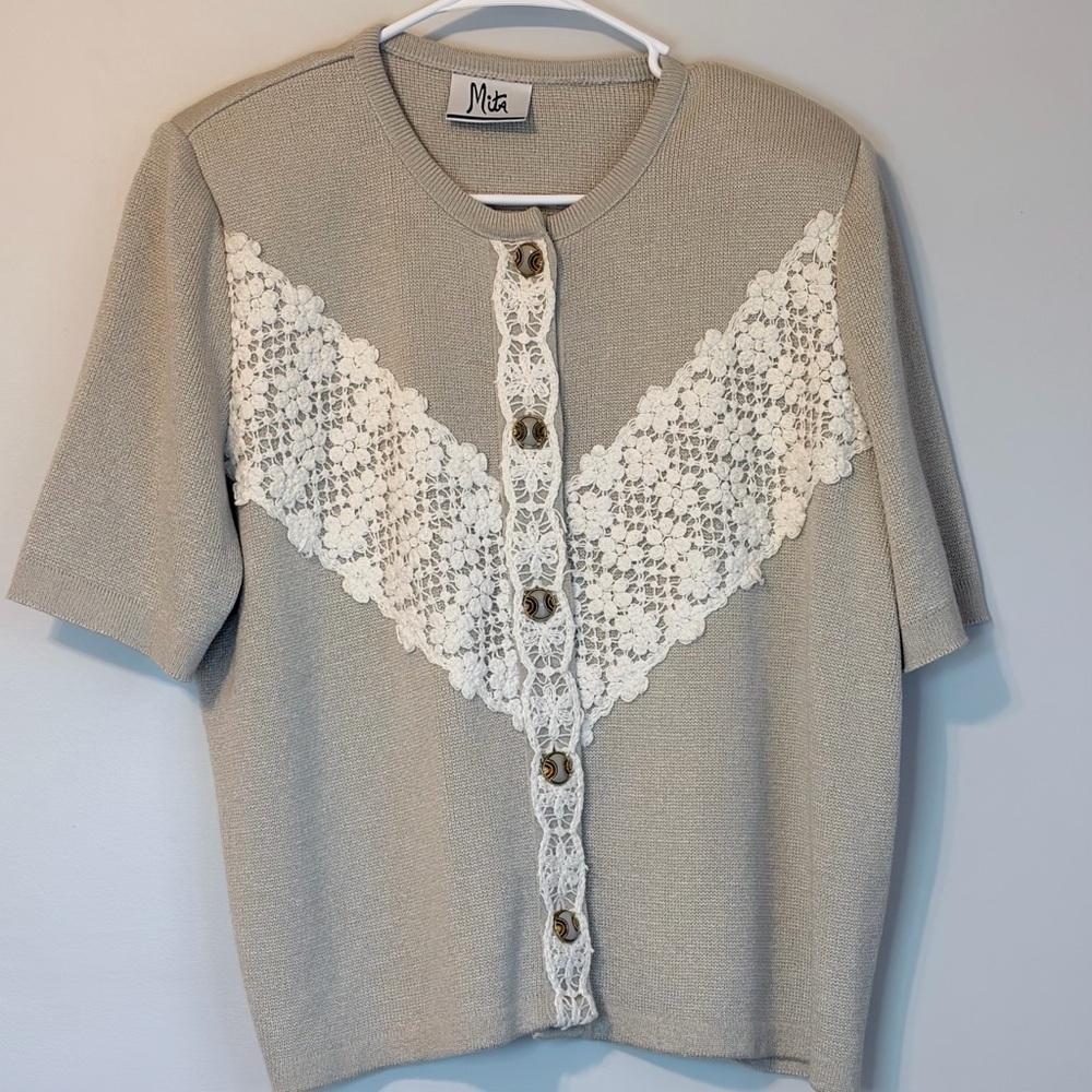 Mita Women's Cream Cardigan with Lace Accents